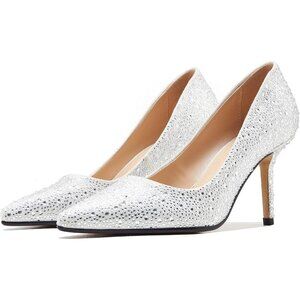 Women's White Rhinestone Slip on Fashion Sparkly Stiletto Heels with Low Heel